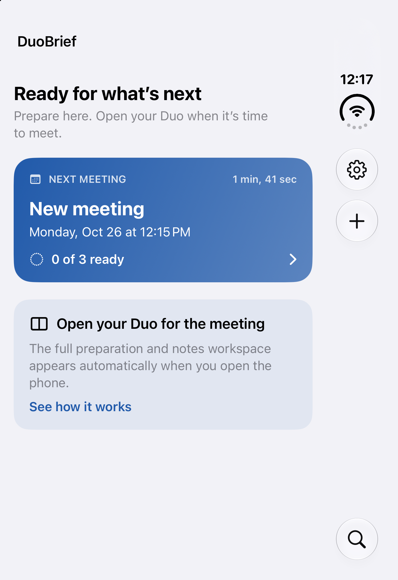 DuoBrief closed-view screen showing the next meeting and a prompt to open the Duo